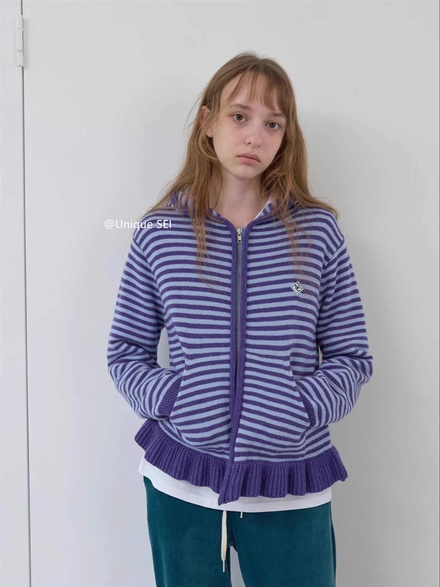 Casual Hooded Knitted Cardigan Sweater Coat with Ruffled Zip-Up, Color-Blocking, Striped and Polka Dot Design for Street Style