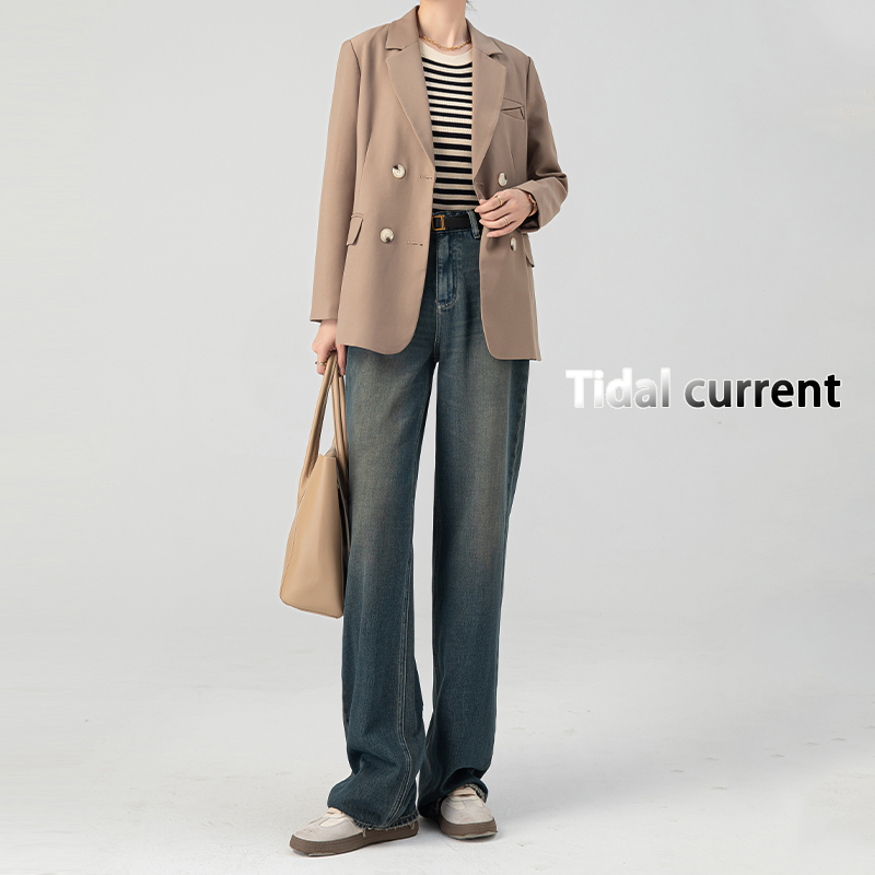 Cement Gray Fleece-Lined Wide-Leg Straight-Leg Jeans for Women, Loose Fit Floor-Length Pants, 2024 Autumn Winter Style, Petite Sizes