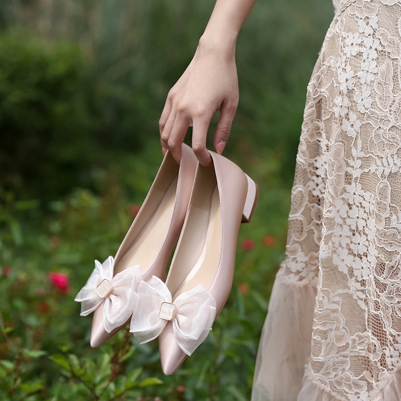 Champagne Low-Heeled Wedding Shoes for Bridesmaids, 2025 Summer Fairy Style, Comfortable Everyday Wear, Plus Size Available
