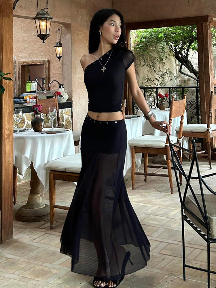 Chic Black Spliced Asymmetrical Short Sleeve Top & Low Waist Mesh Skirt Two-Piece Set for Women - Eccentric Y2K Style Outfit