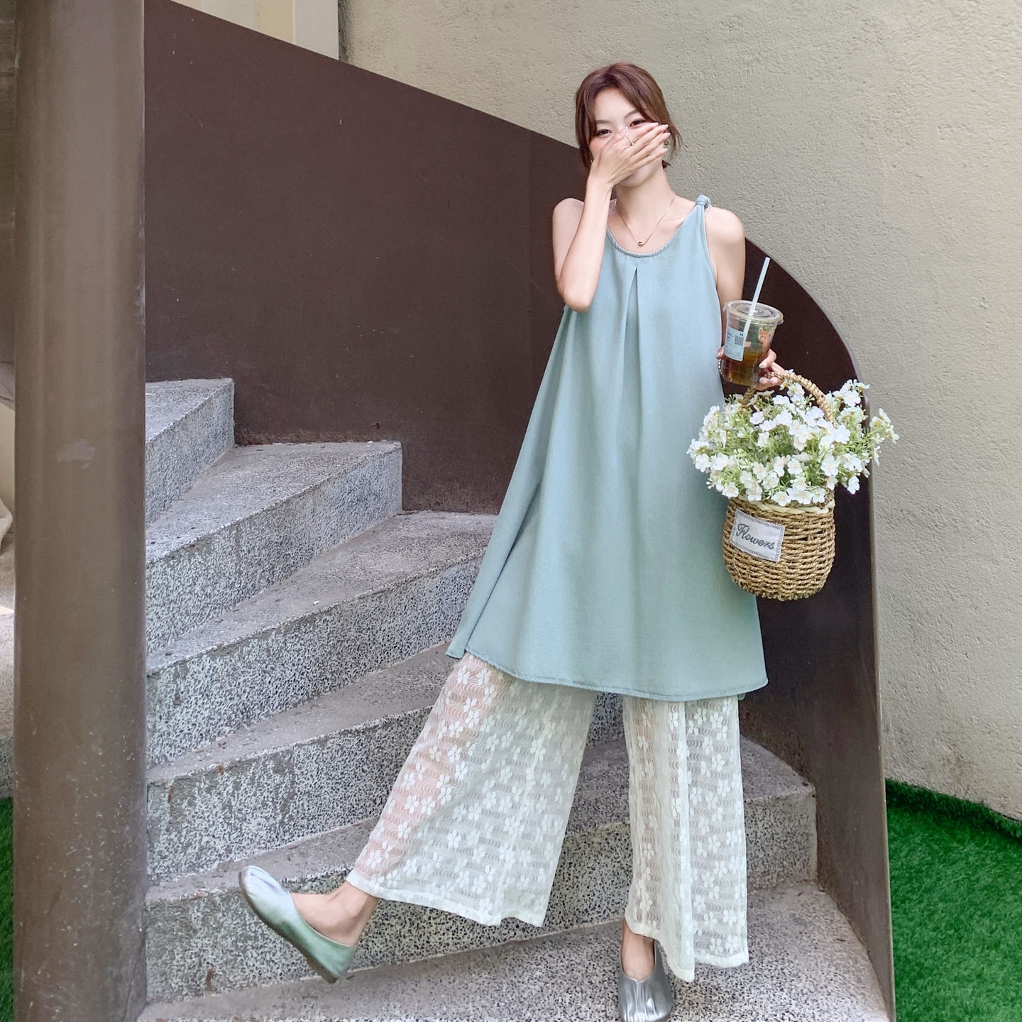 Chic Lace-Up Wide-Leg Pants and Spaghetti Strap Denim Skirt Set – Trendy Korean Style Outfit for 2025 Fashion Lovers