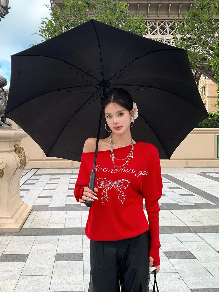 Chic Rhinestone Off-Shoulder Red Knitted Women's Top for Autumn Winter - Sexy Hot Girl Style, French Letter Design