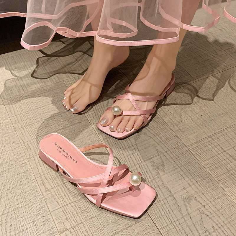 Chunky Heel French Pearl Cross Strap Square Toe Flip-Flops for Women - Fairy Style Sandals Perfect for Skirts and Dresses