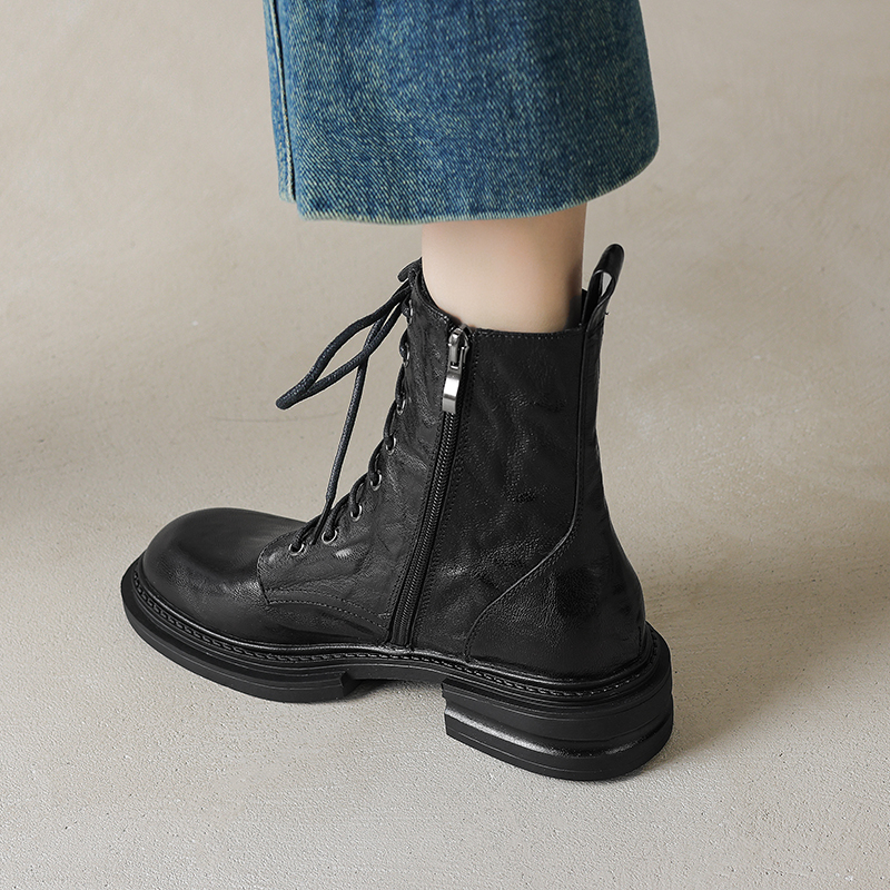 Chunky-Heeled Lace-Up Martin Boots for Women - Handcrafted Sheepskin, Short Thick-Soled Design, Versatile Spring & Autumn Footwear