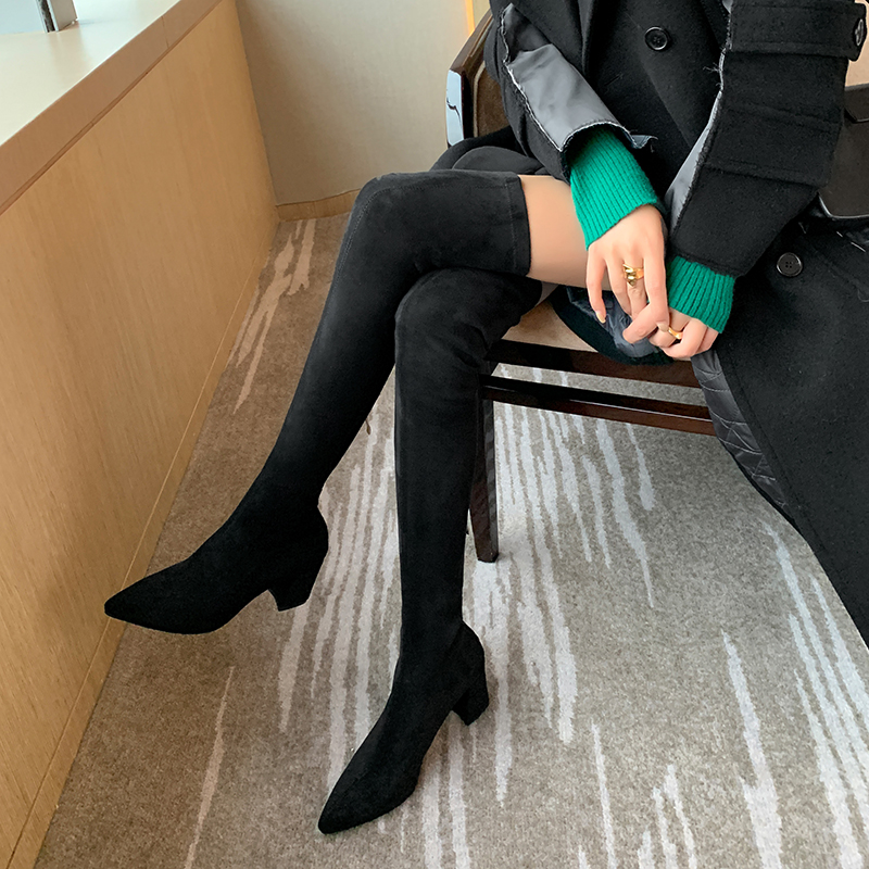 Chunky Heeled Pointed Toe Over-the-Knee Boots for Women - Mid-Heel Genuine Leather Stretchy Long Boots for Leg-Lengthening Style