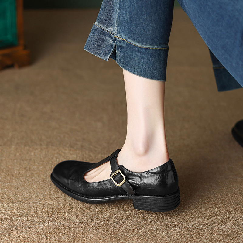 Chunky Low Heel T-Strap French Mary Jane Shoes for Women, Retro Genuine Leather, Shallow Mouth, British Style, Vintage-Inspired Flat Shoes
