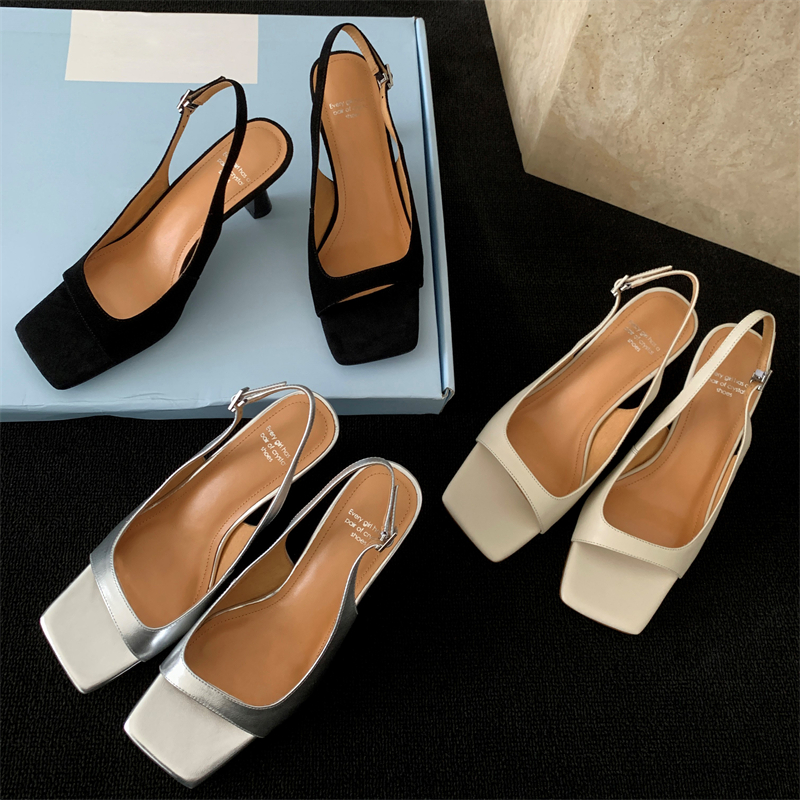 Classic Black Sheepskin Thin-Heeled Square-Toe Open-Toe Sandals for Women - Versatile Summer French Style High Heels