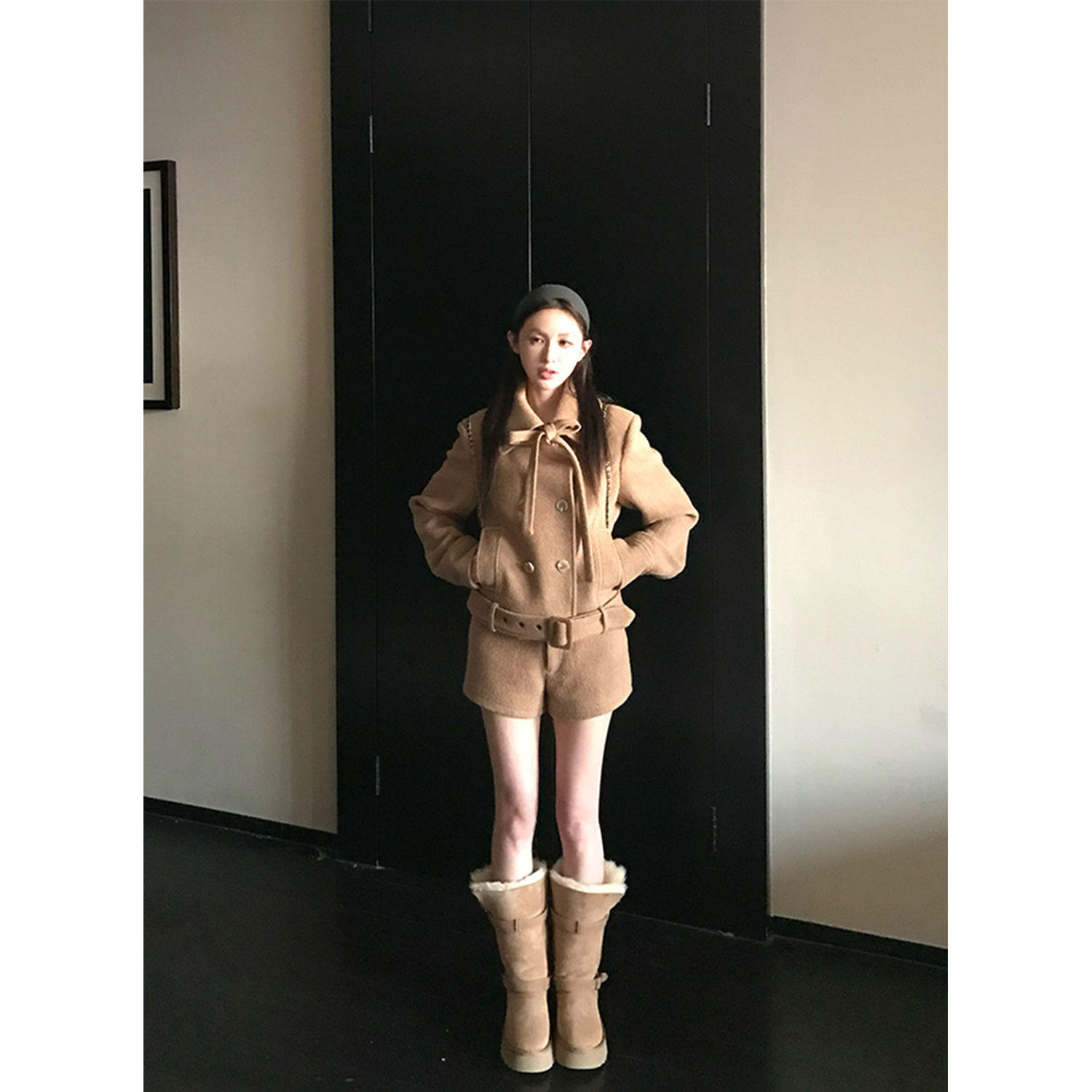 Classic Retro Wool Double-Breasted Lapel Jacket and Shorts Set for Women - Winter Fashion Essential