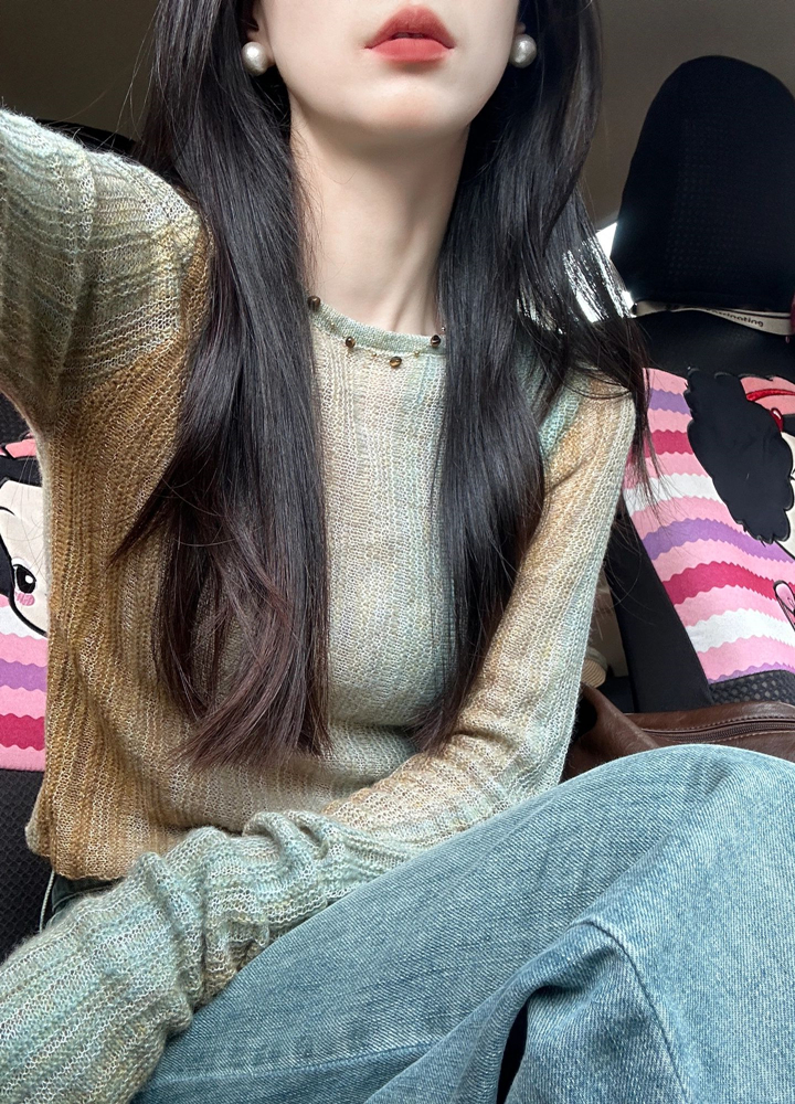 Coffee Green Vertical Striped Color-Block Long Sleeve Sweater for Women – Slim Fit Gradient Tie-Dye Korean Style Top for Early Autumn