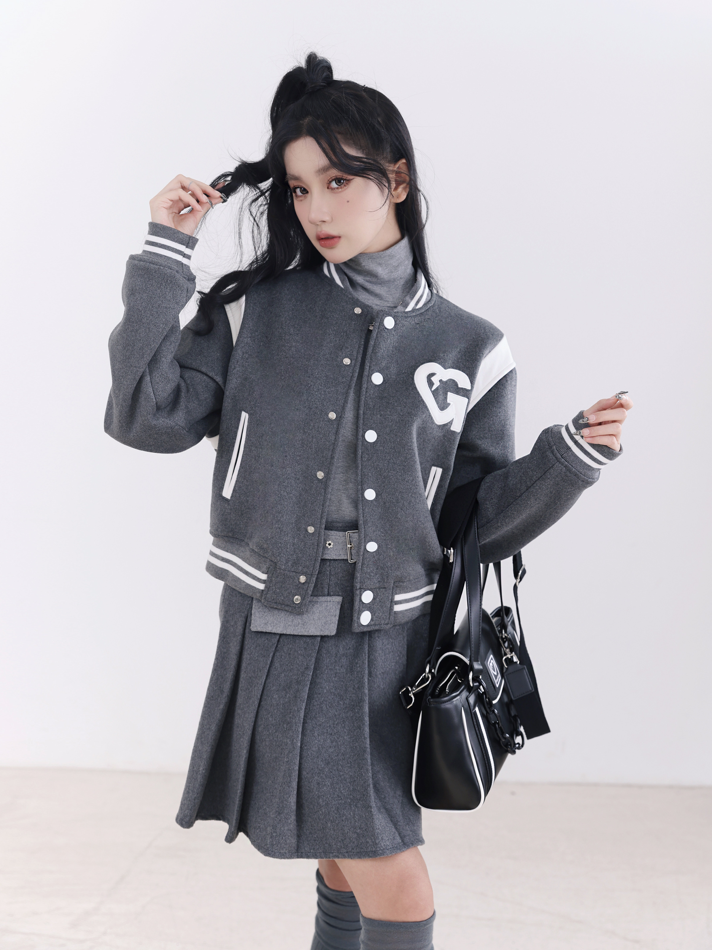 Color Block Gray American Baseball Wool Jacket - 50s American College Style, Vintage-Inspired Outerwear for a Retro Look