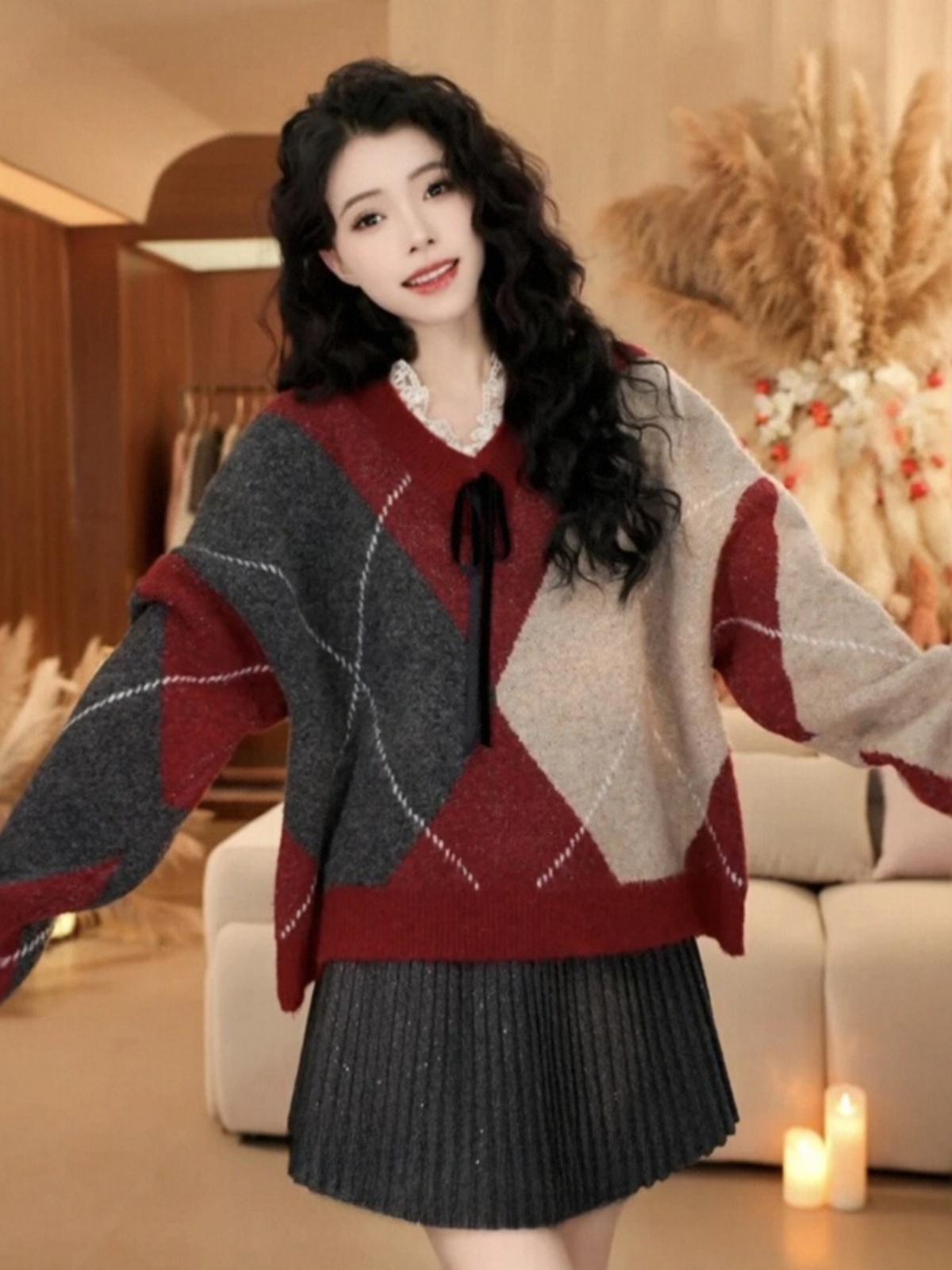 Color-Block Lace Spliced V-Neck Sweater for Women - Winter Knitted Top in New Year Atmosphere, Casual Lazy Style