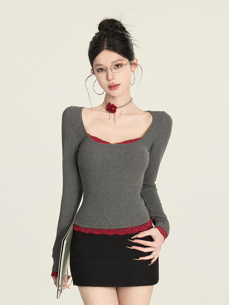 Color-Block Lace Top for Women - Sexy Slim-Fit Faux Two-Piece Long Sleeve Square Neck Short T-Shirt - Y2K Style