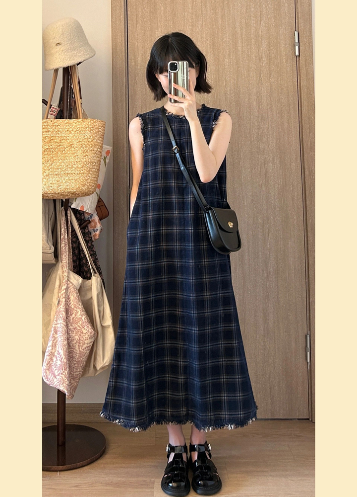 Color-Blocked Plaid Tassel Vest for Women - Summer Vintage Back-Tied Sleeveless Dress, Unique French Style Fashion