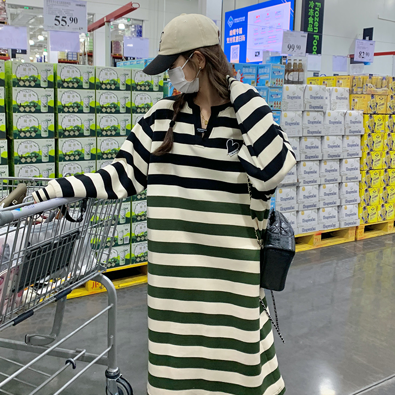 Color-Blocked Striped Patchwork Mid-Length Dress for Women - Loose Casual Korean Style Spring Autumn Dress, Age-Reducing Fashion