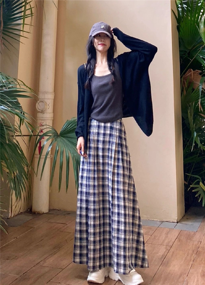 Cozy Knitted Cardigan and Slimming Plaid Midi Skirt Three-Piece Set for Women - Chic Early Autumn Outfit