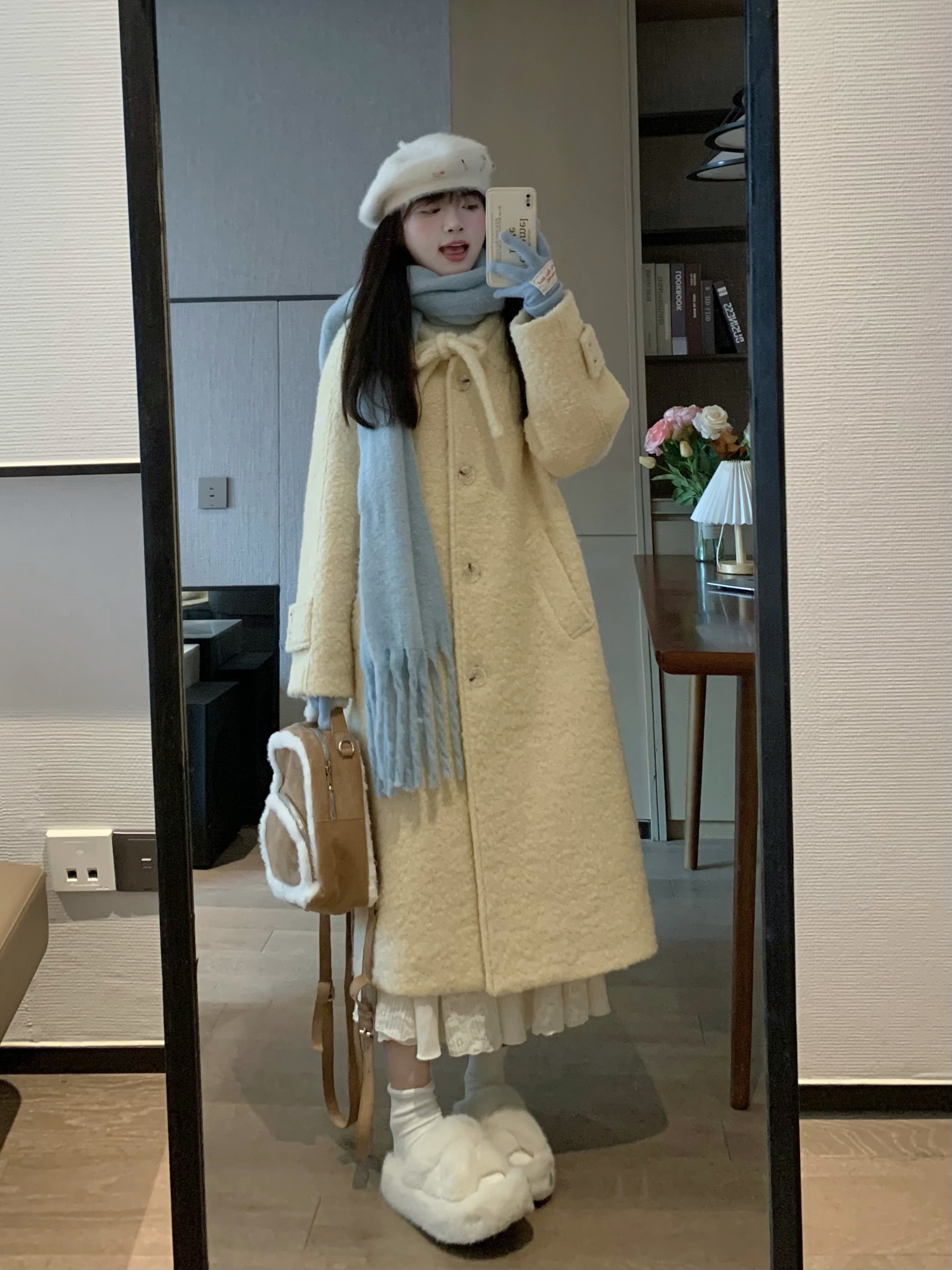 Cozy Long Woolen Coat for Women in Goose Yellow - Plush Thick Circle Design for Autumn and Winter Style