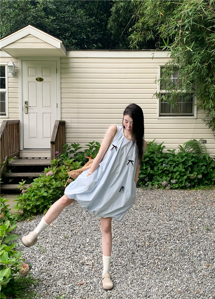 Cream Blue Bow Knot Bud Skirt Elegant Slim Fit Sleeveless Dress - Fairy Summer Style, First Love Series, Perfect for 90s Inspired Looks