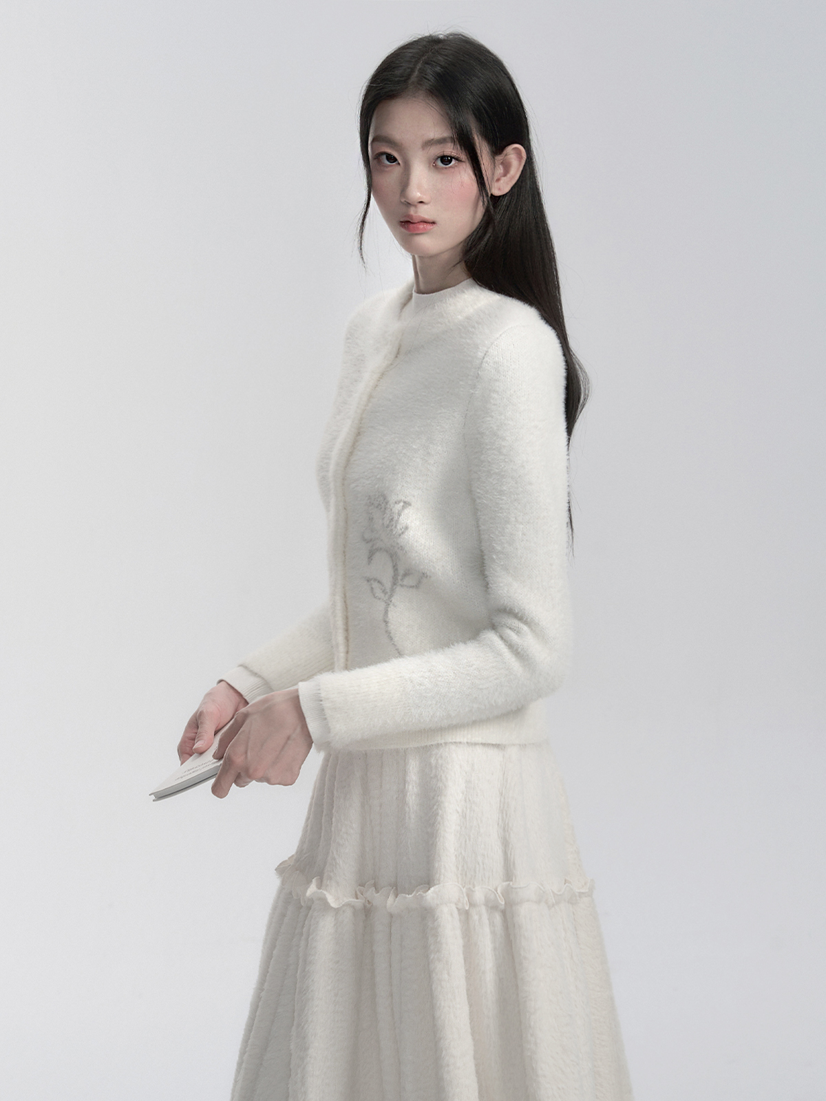 Cream Mousse Rose Print Mink Fur Knitted Cardigan Top - Elegant Women's Layering Piece for Chic Fall Fashion