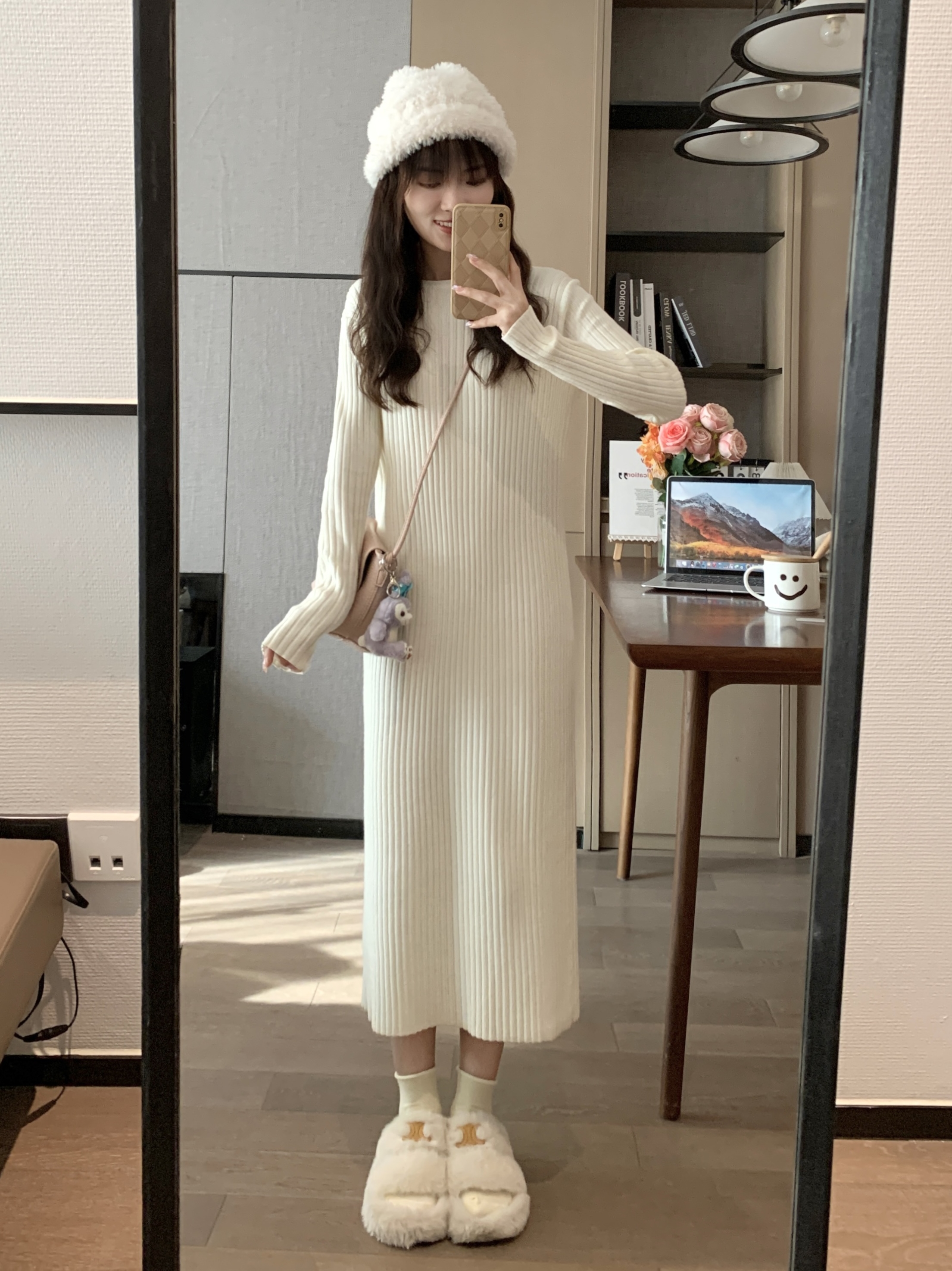 Cream White Loose Waist-Defining Knitted Long Inner Dress - Spring Style, Thick Fabric for a Flattering Silhouette