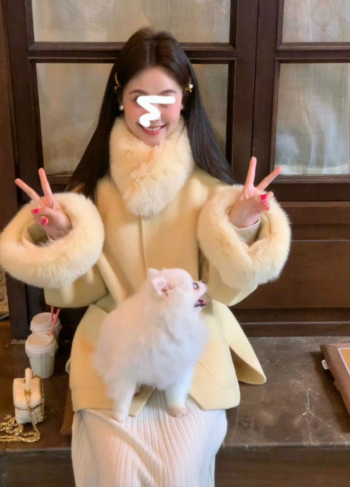 Cream Yellow Fox Fur Cuff and Collar Short Wool Coat for Women, Double-Sided Autumn Winter Trench Outerwear