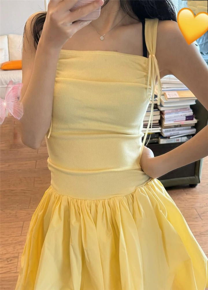 Cream Yellow Sleeveless Floral Dress for Women, Summer Sweet First Love, Puff Skirt, Dopamine Outfit, Trendy 90s Style