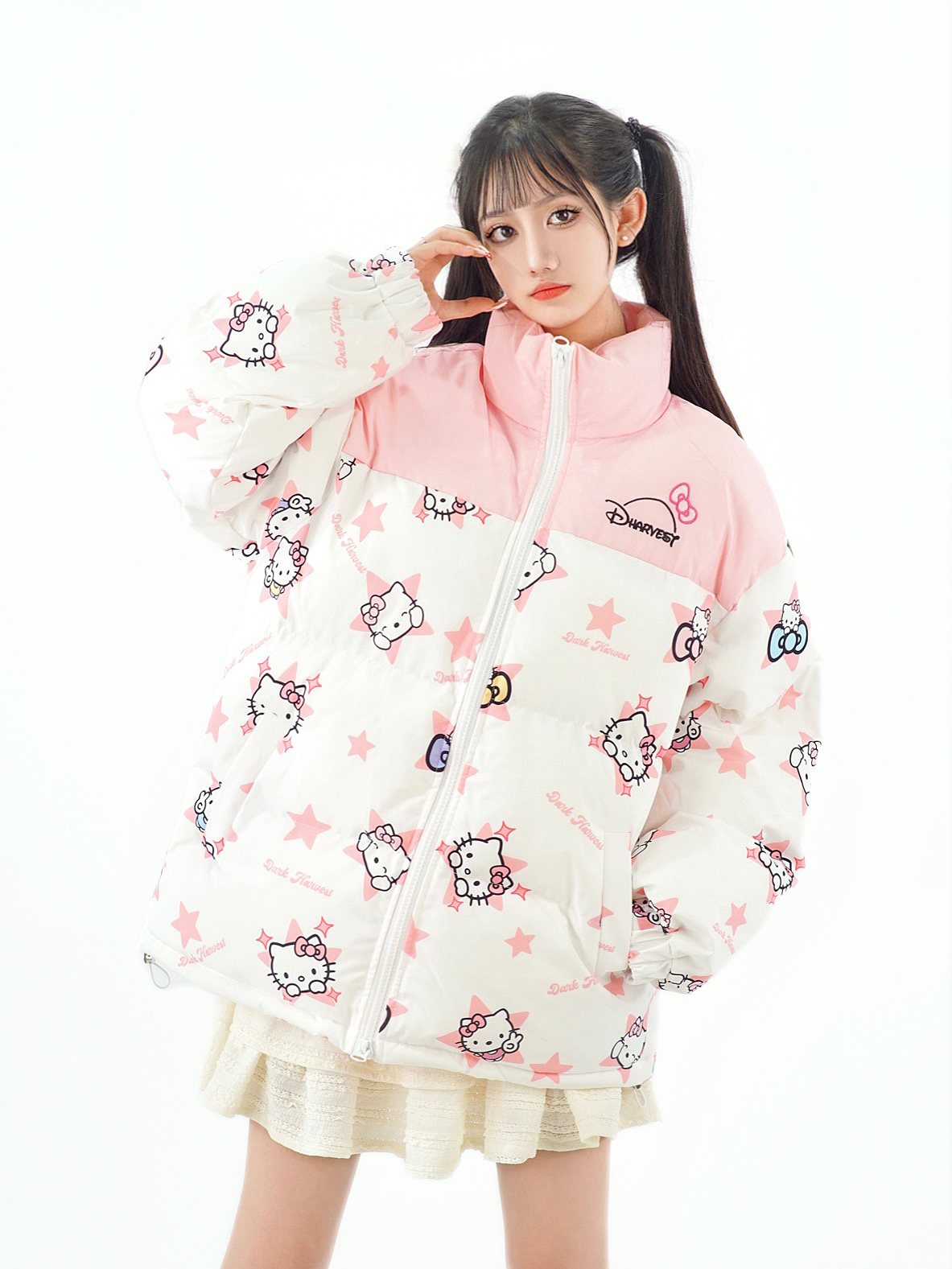 Cute All-Over Print Hello Kitty Color Block Cotton Padded Jacket for Women – Cozy Loose Winter Coat Outerwear