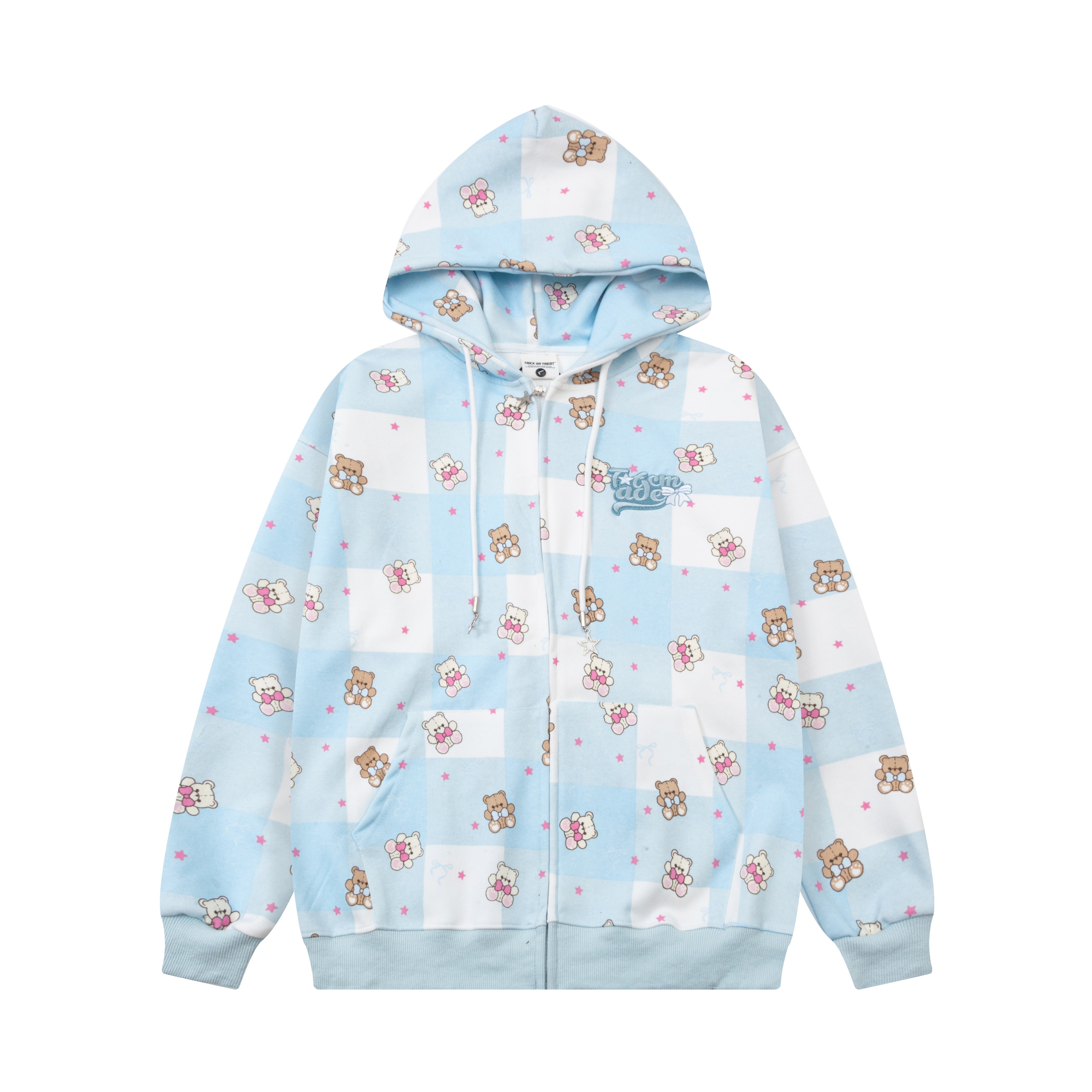 Cute Bear Full Print Color Block Plaid Hooded Zipper Cardigan for Women - Autumn Loose Fit Jacket, Y2K Casual Style