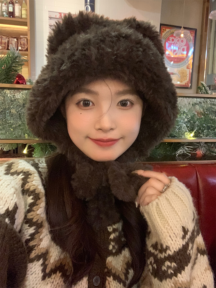 Cute Bear Plush Hat for Women - Adorable Face Design, Small Ear Protection - Autumn Winter 2023 Fashion Accessory