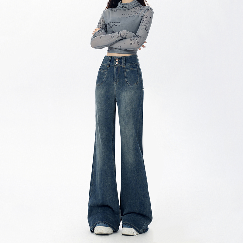 Dark Blue Flared Jeans for Women - Loose Fit American Style, Drape Design, Perfect for Fall 2024, Ideal for Petite Figures