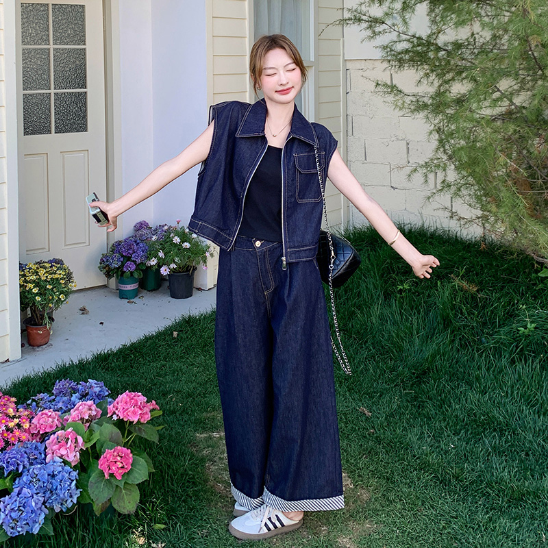 Deep Blue Denim Vest and Wide-Leg Pants Set for Women - 2025 Summer Style, Petite Fit, Trendy Korean-Inspired Two-Piece Outfit