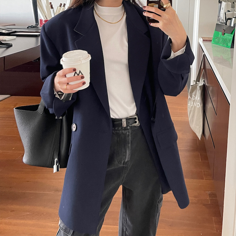 Deep Blue Slim Fit Suit Jacket for Women, Casual Long Sleeve Blazer, 2022 Autumn Fashion, Stylish Designer Look