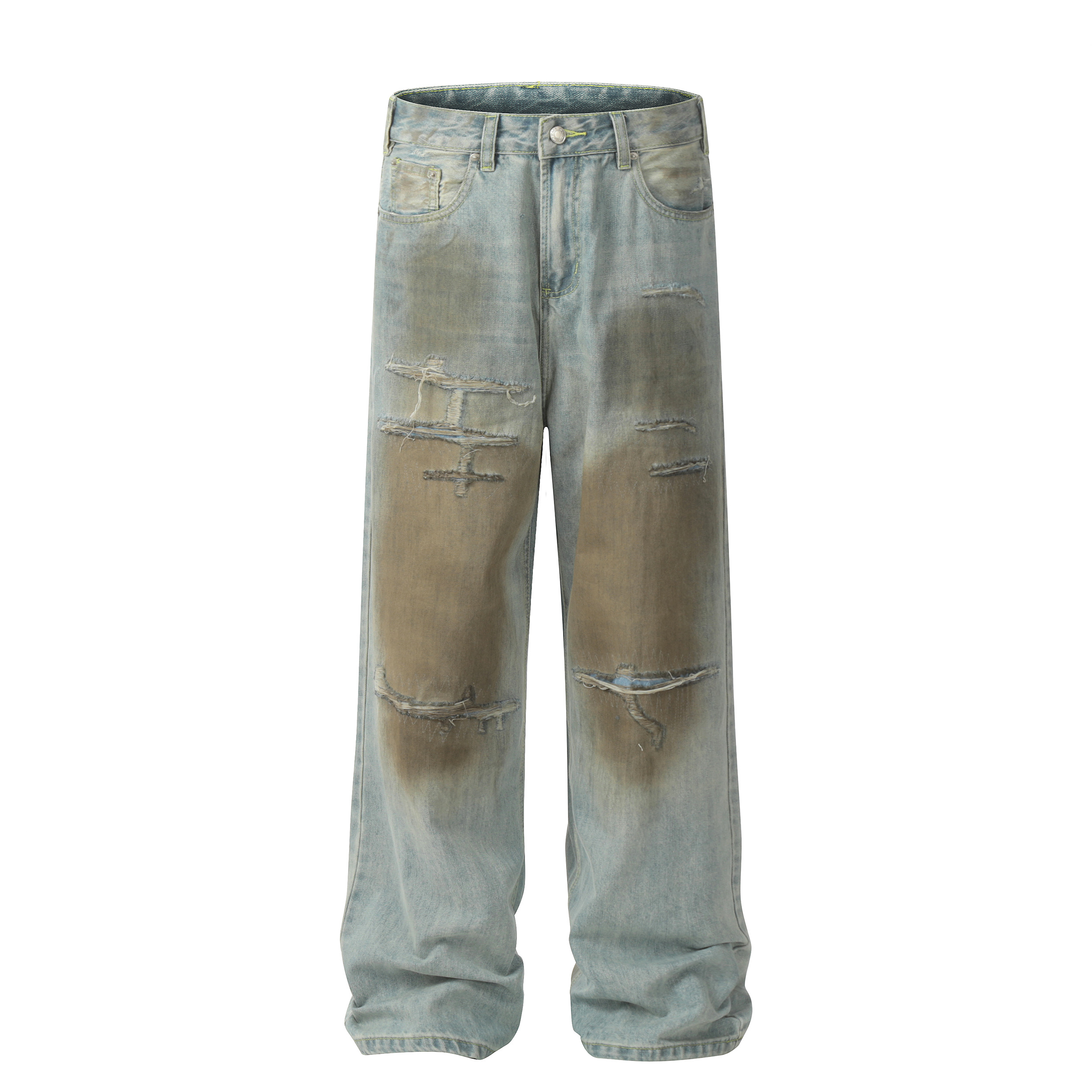 Distressed Handmade High Street Loose Long Jeans with American Street Style and Wash Effect