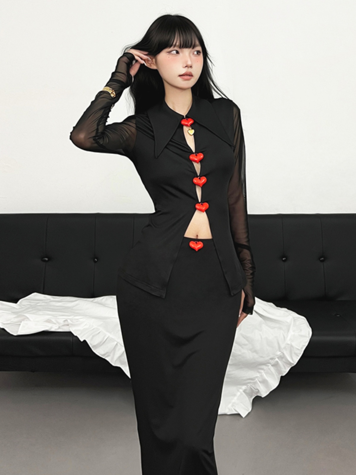 Eccentric Girl Casual Feminine Heart Button Mesh Long Sleeve T-Shirt & High Waist Bodycon Skirt Two-Piece Set for Y2K Style