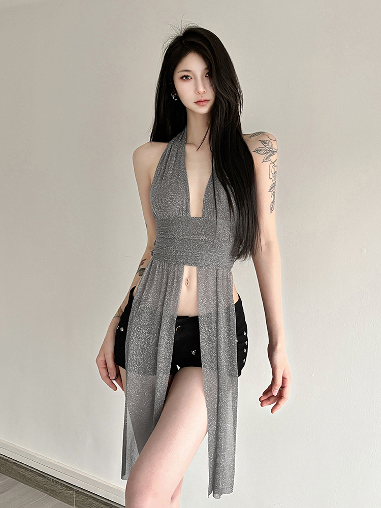 Eccentric Grey V-Neck Halter Top for Women, Elegant Style with Fine Shimmer and Flowing Straps, Perfect for Y2K and Fashion-Forward Looks