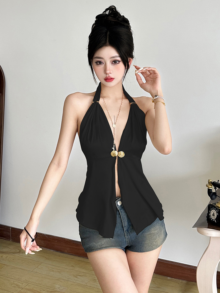 Elegant Backless Halter Top for Women - Satin Slim Fit Blouse for Summer Island Vacation, Eccentric Style, Sexy Exquisite Design