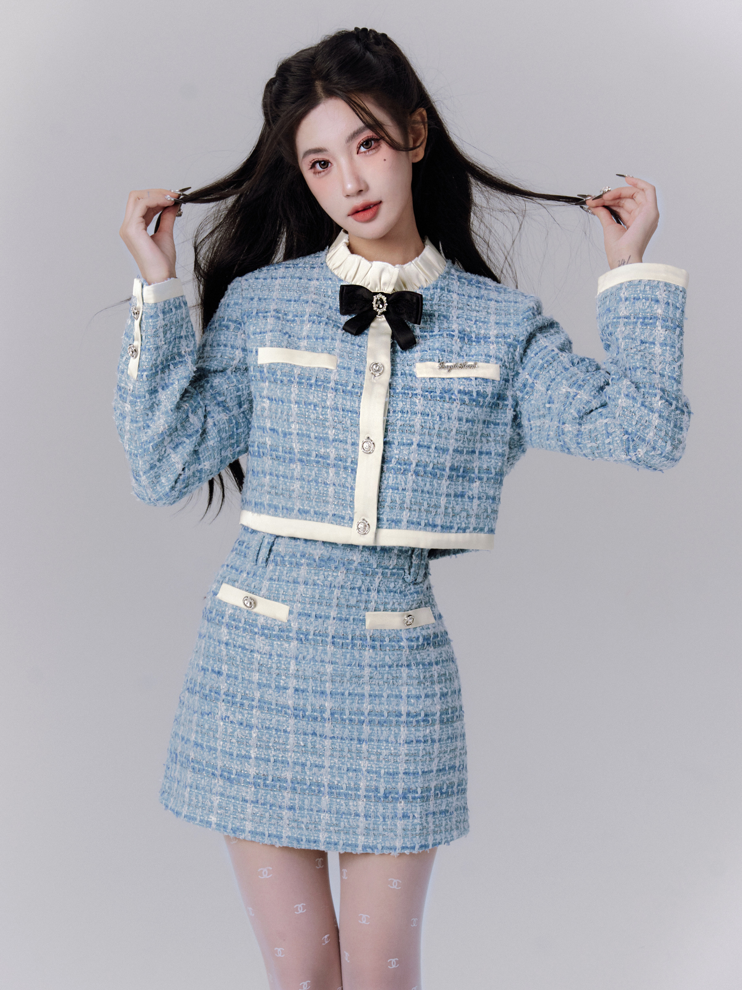 Elegant Blue Little Chanel Style Skirt Set with Satin and Boucle Coat - Classic Aristocrat Fashion for a Chic Look
