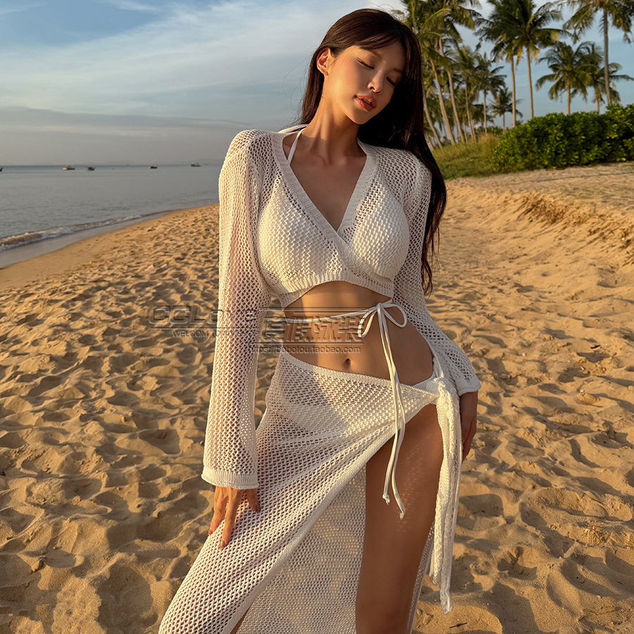 Elegant Long Sleeve Knitted Swimsuit for Small Chest - Gathered Design, Sexy Pure Desire Style, Perfect for Hot Spring Vacations