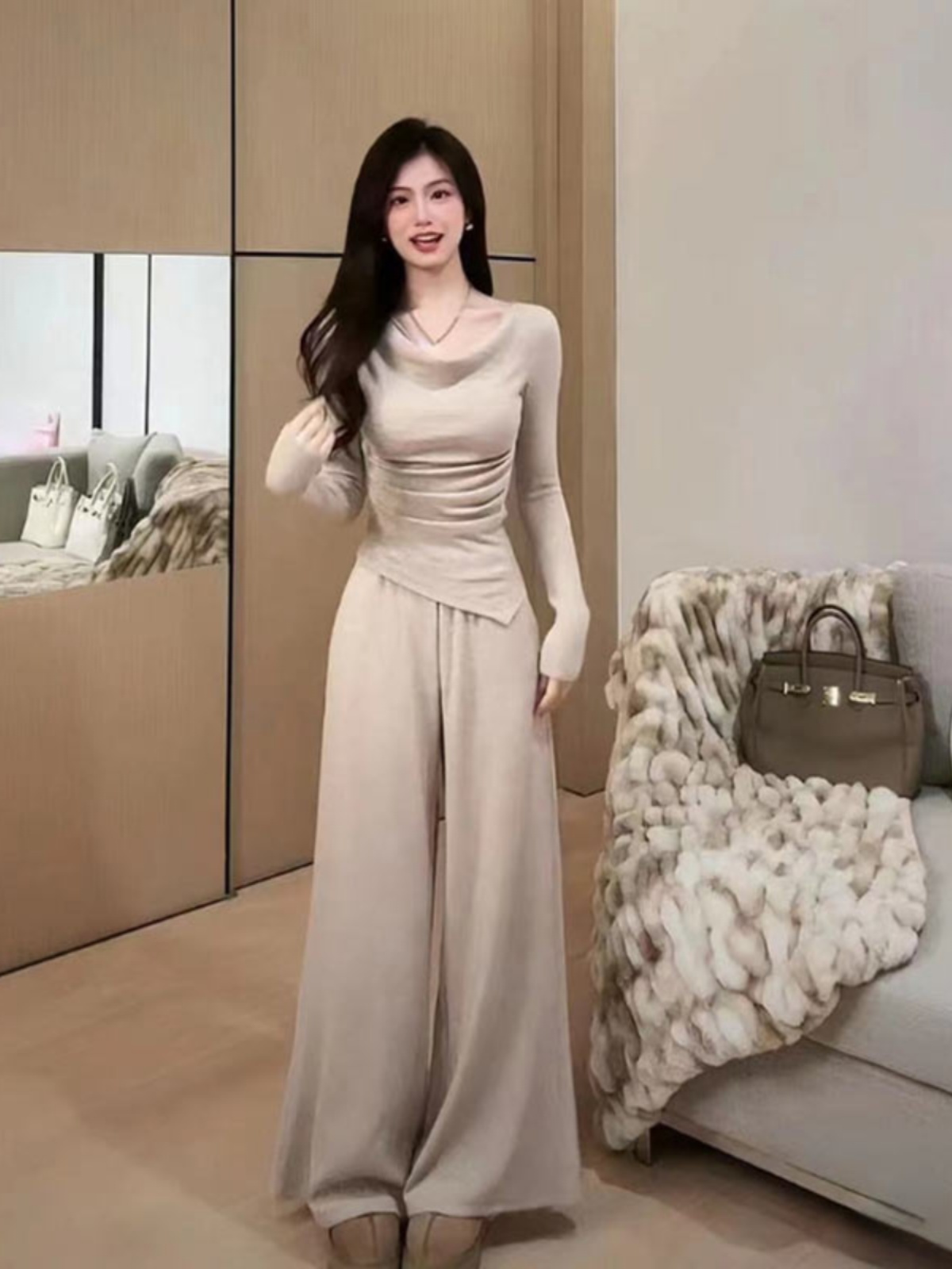 Elegant Off-Shoulder Long Sleeve Top & Wide-Leg Pants Two-Piece Set for Women - French Style Casual Autumn Winter Outfit