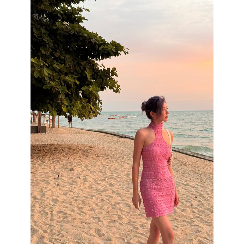 Elegant Shoulder-Cut Dress for Women - Thigh Texture, Hanging Neck Design, Spring/Summer Short Skirt, Chic & Stylish