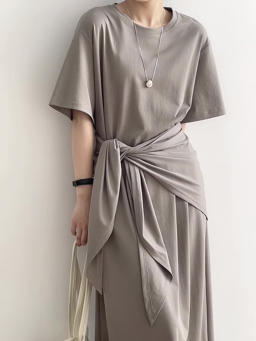 Elegant Waist-Cinching Round Neck Short Sleeve Dress with Shawl Belt - 2025 Summer Minimalist Two-in-One Loose Long Dress