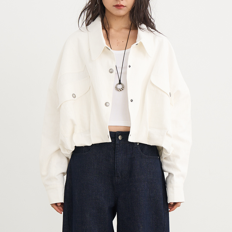 Elegant White Heavy Cotton-Linen Short Jacket for Women - 2025 New Casual Korean Style Versatile Top