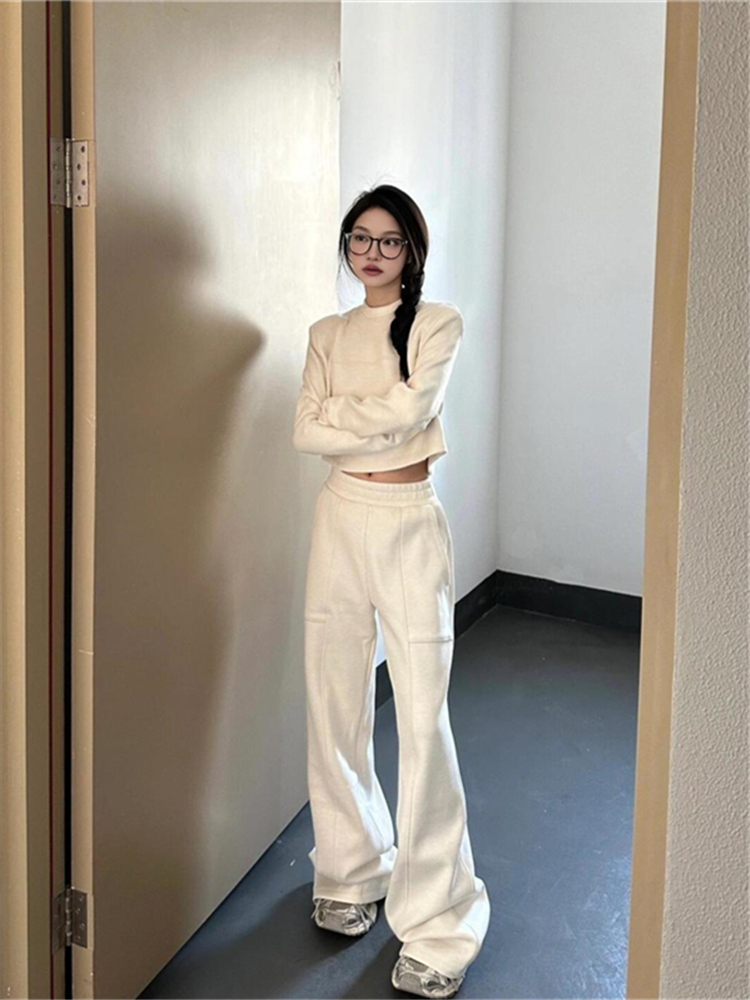 Elegant White Knitted Sweatshirt Set for Women - Autumn Winter 2023, High-End Quality, Wide-Leg Pants, Draped Two-Piece Outfit
