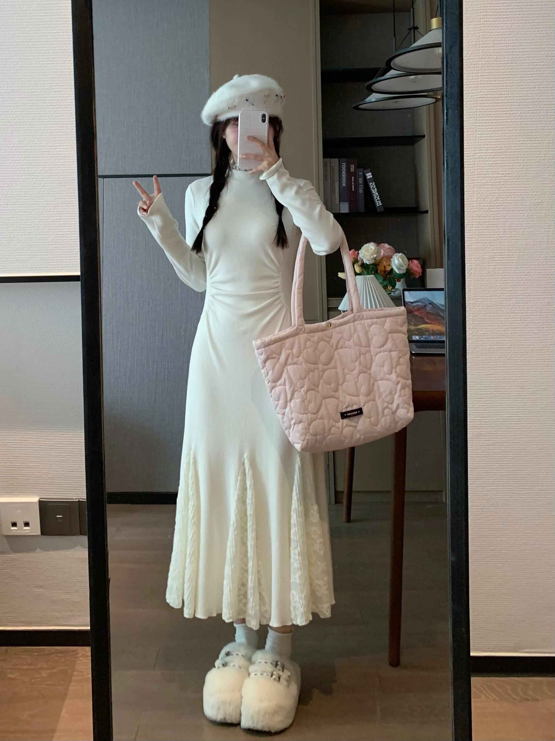 Elegant White Mermaid Dress with Knit Layer, French-Style Spring Fashion, Sweet Delicate Design for Effortless Layering.