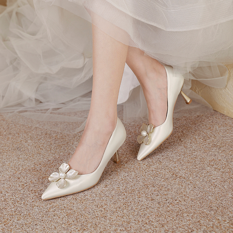 Elegant White Satin High-Heeled Wedding Shoes - 2025 French Bridal Style Dress Shoes