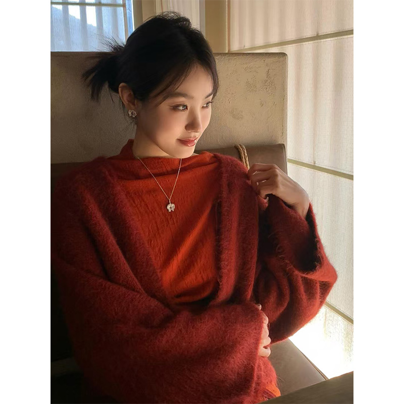 Elegant Women's Chinese Red Knitted Cardigan - Versatile Backless Cape Sweater with National Style Design