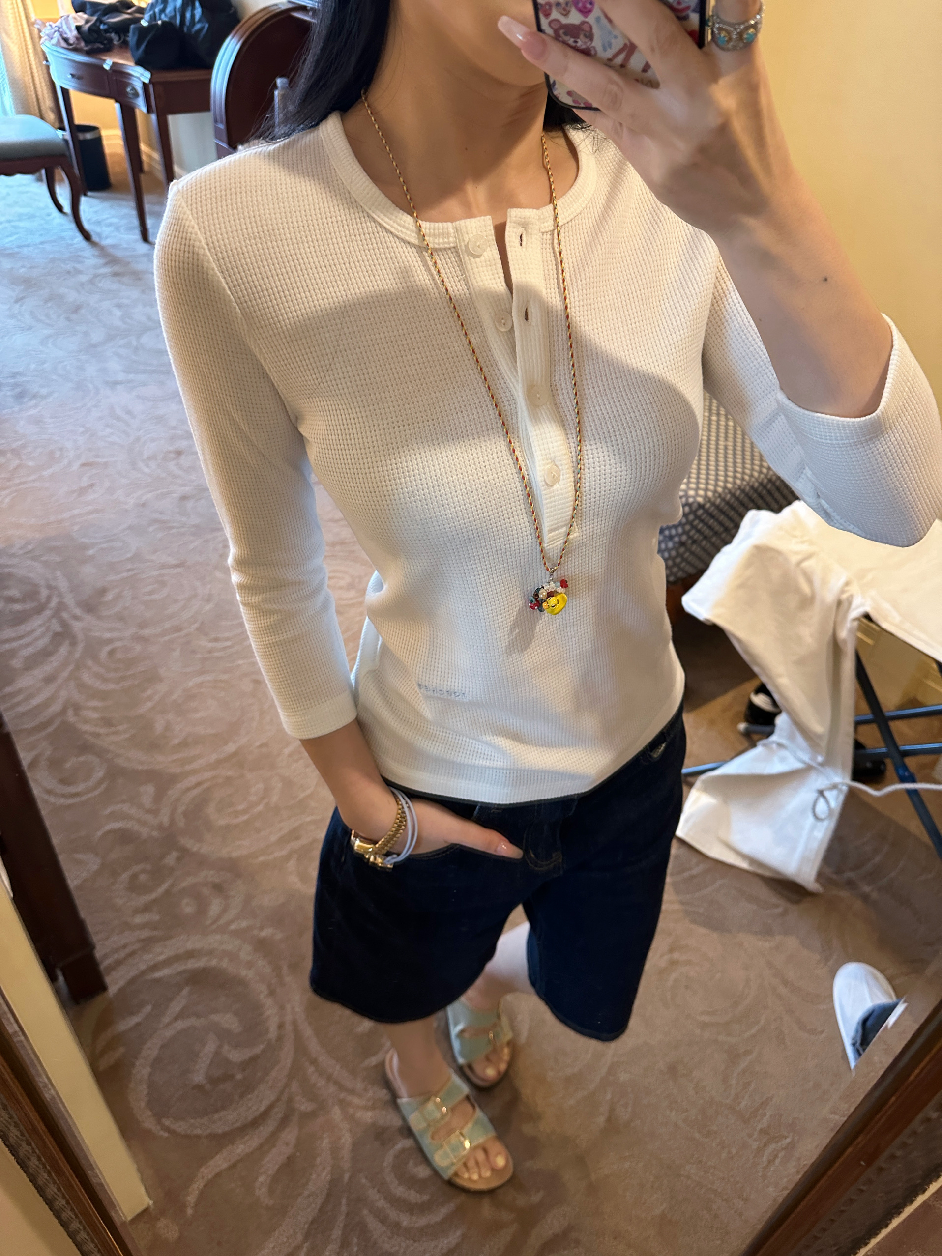 Fashionable 3-Color Three-Quarter Sleeve Waffle Henley Shirt - Versatile Nerdy Vibe, Perfect for Casual Y2K Style Outfits