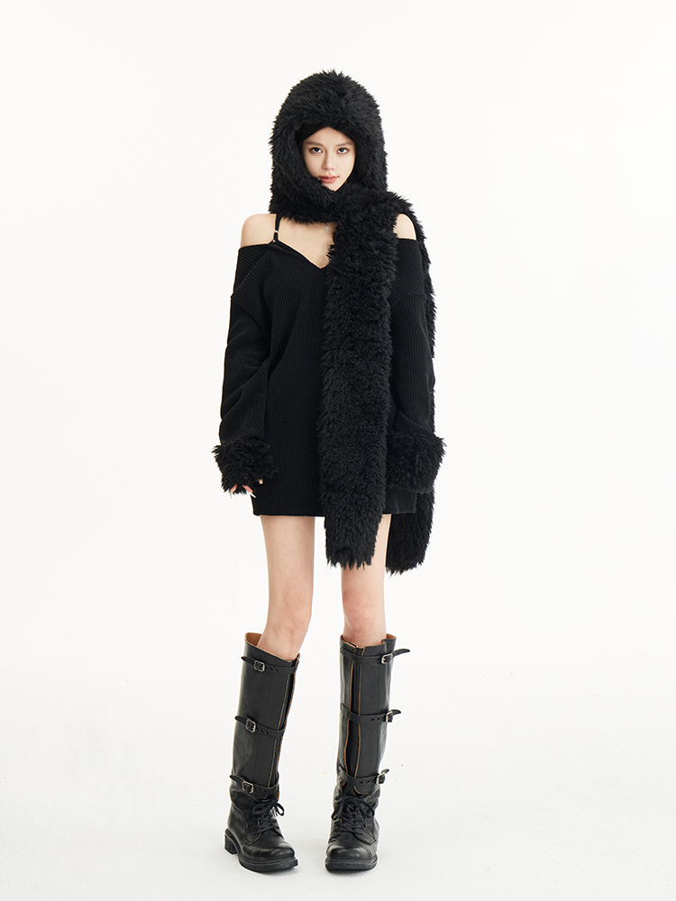 Faux Two-Piece Off-Shoulder Knitted Top with Hat and Scarf - Loose Fit, Cozy Style for Casual Y2K Fashion