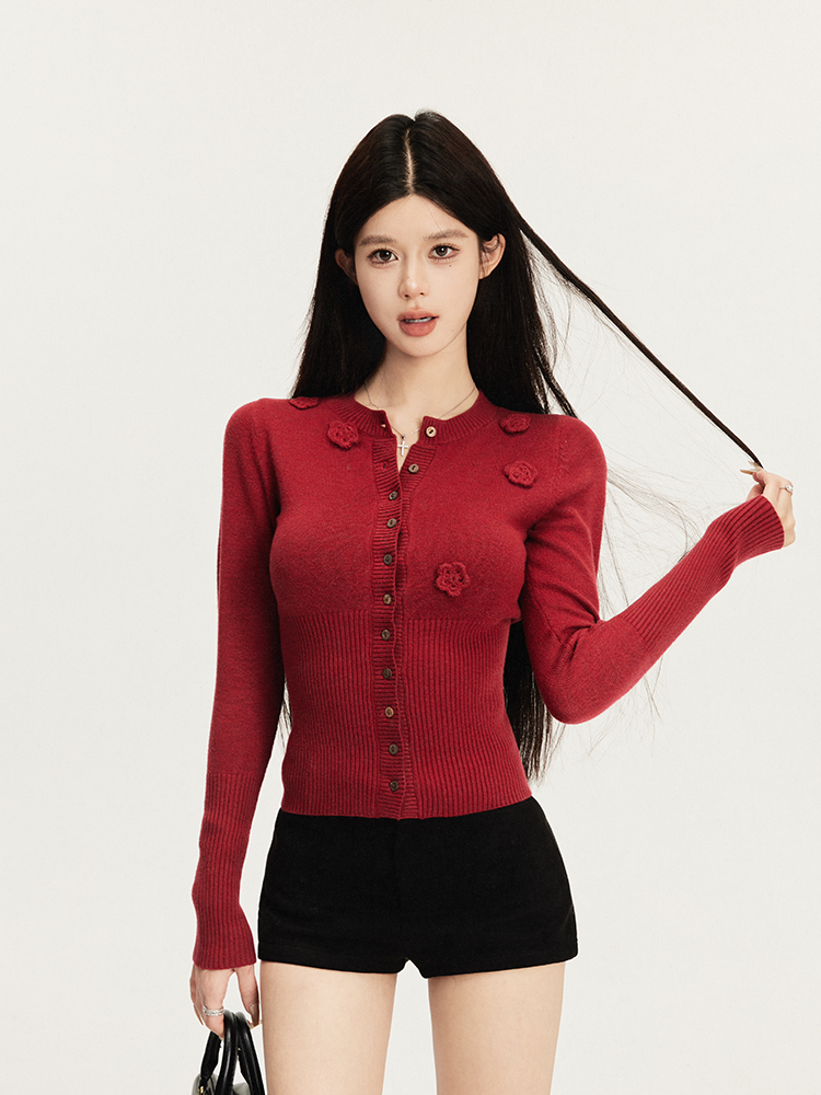 Festive Red Buttoned Knit Cardigan with Exquisite Flower Buttons - Chic Layering Piece for 90s and Y2K Style