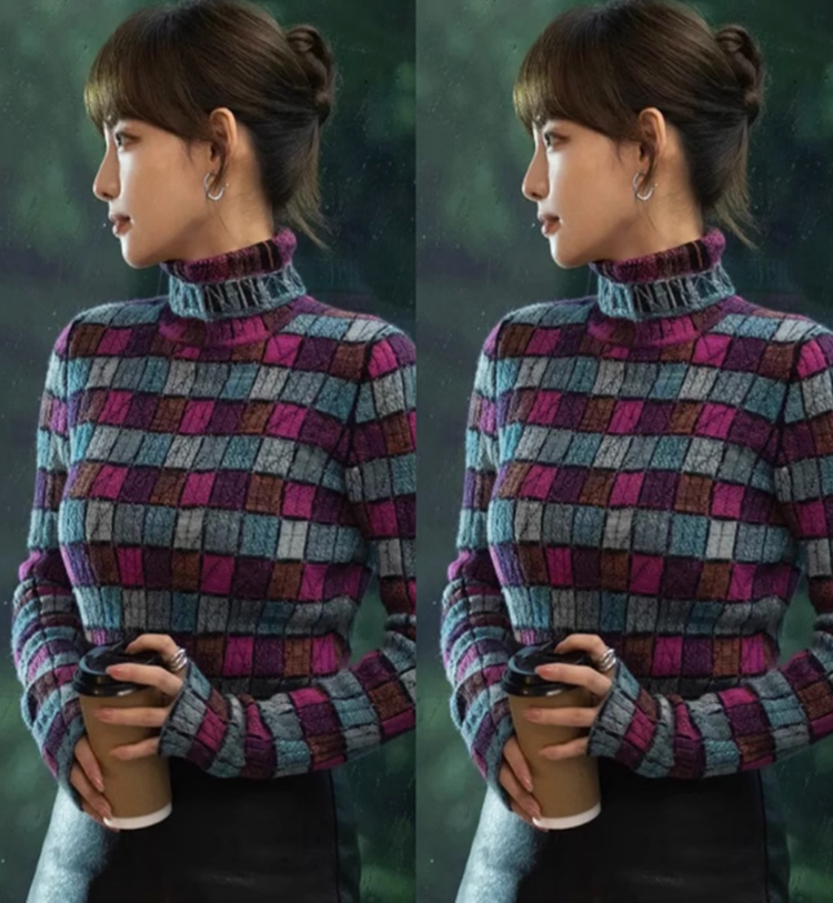 Fitted High-Neck Knitted Top in Plaid - Slimming Matching T-Shirt Inspired by 90s Style & Y2K Fashion Trends