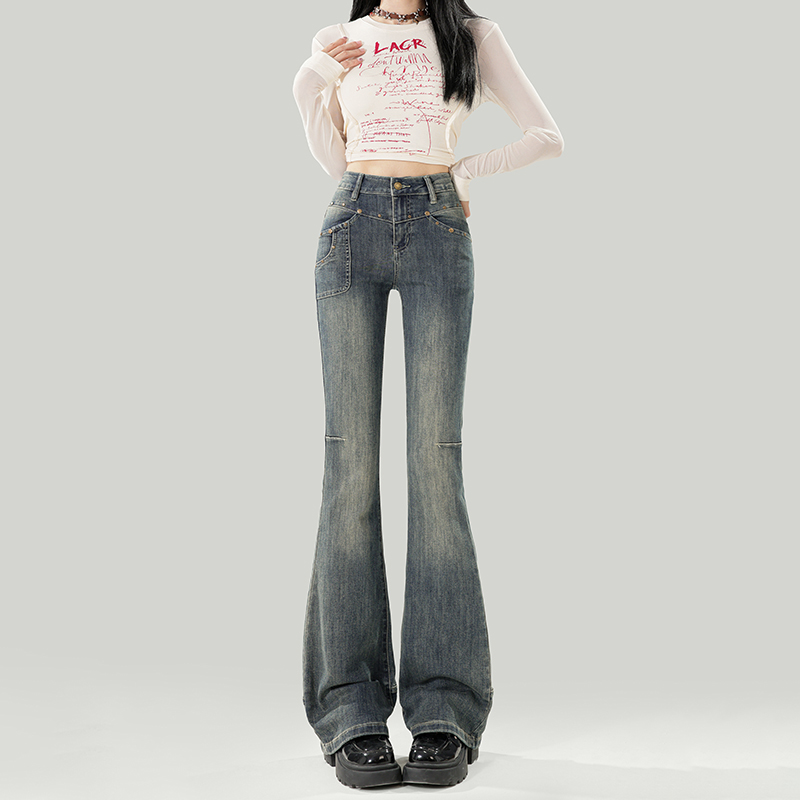 Flared High-Waisted Fleece-Lined Jeans for Women - Retro Autumn/Winter 2024 Slim Fit Bell-Bottoms